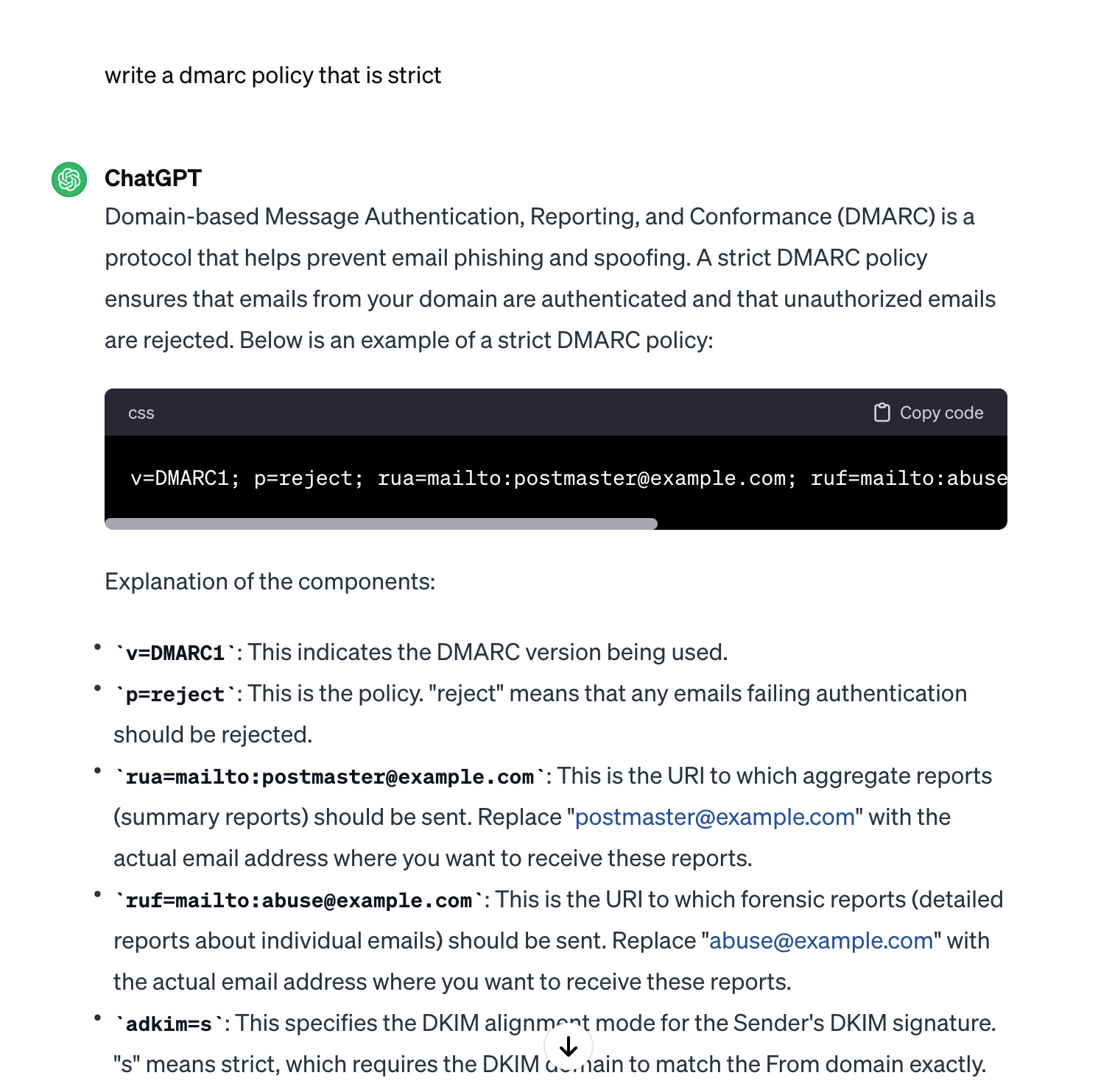 ChatGPT generated strict DMARC Policy